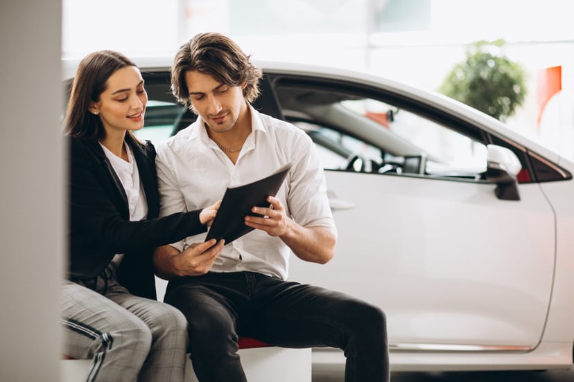 Man Woman Choosing Car Car Showroom