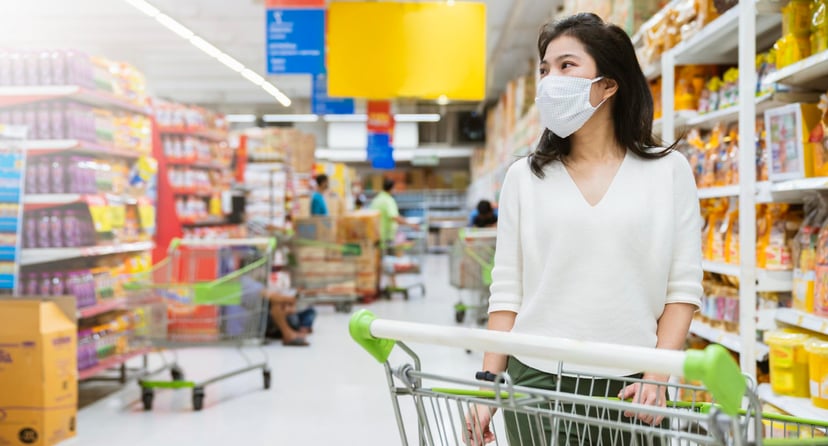 Normal After Covid Epidemic Young Smart Asian Female Shopping Lifestyle Supermarket With Face Shild Mask Protection Hand Choose Fresh Vegetable Fruit Normal Lifestyle