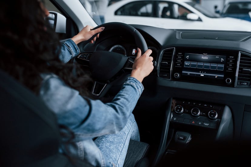 Different Buttons Knobs Cute Girl With Black Hair Trying Her Brand Expensive Car Automobile Salon