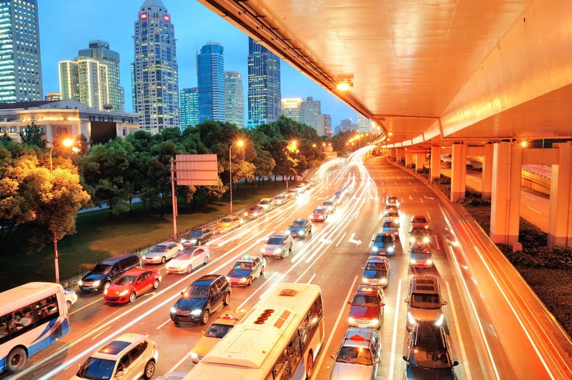 Shanghai Street View With Urban Scene Busy Traffic Dusk