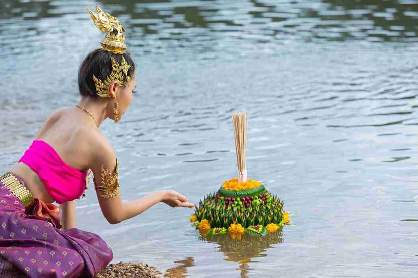 Asia Woman Thai Dress Traditional Hold Kratong Loy Krathong Festival 1150