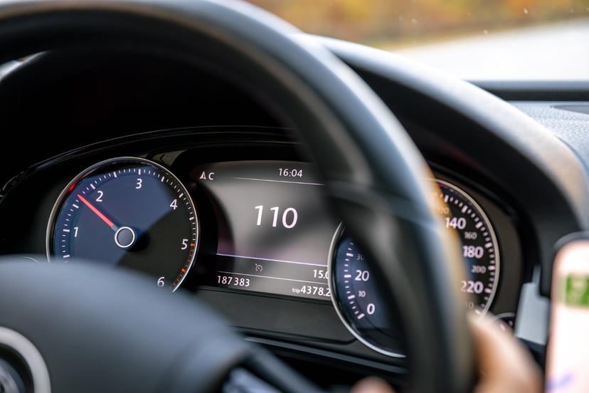 Steering Wheel Car Close Up High Speed Driving Road