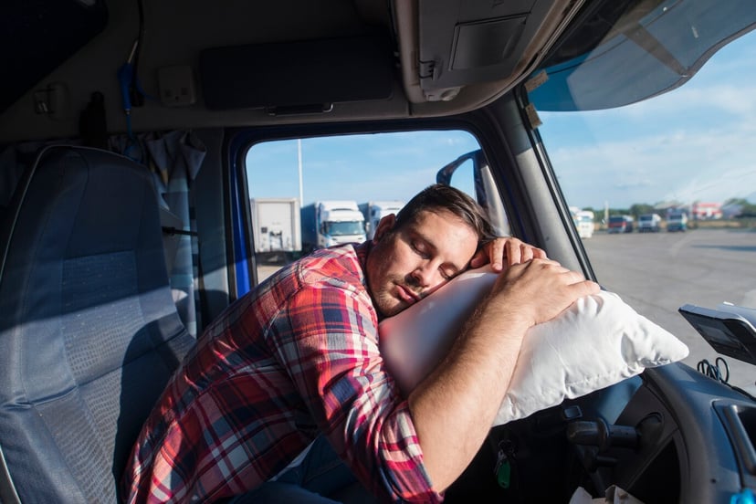 Tired Truck Driver Leaned Steering Wheel Sleeping His Pillow 453