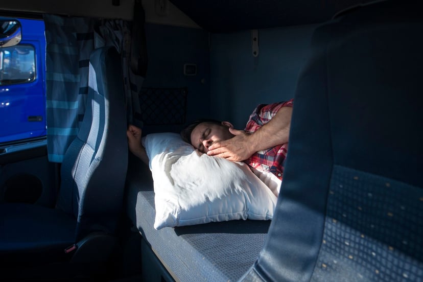 Truck Driver Yawning Waking Up His Cabin Truck Stop 452